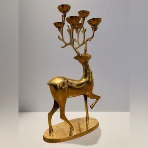 Vintage Large Solid Brass Reindeer Candelabra - 6 Cup Antler Candle Holder